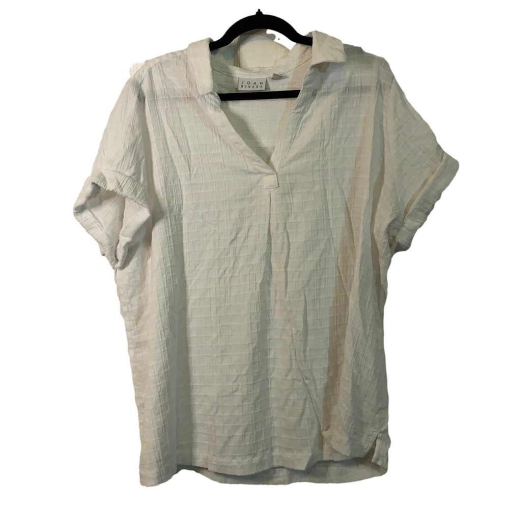 Joan Rivers White Collared V-Neck Short Sleeve Airy Blouse, Size 1X
